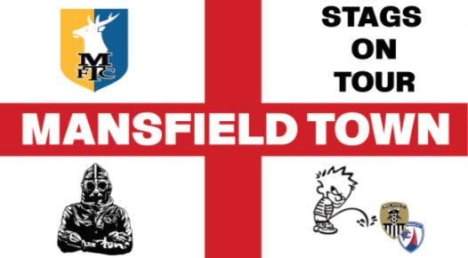 A vinyl sticker featuring the flag of Mansfield Town with additional graphics including a black and yellow emblem, a cartoon character, and the text 'Stags on Tour'.