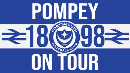 A sticker with the text 'Pompey 1898' and 'Portsmouth FC' on a blue background, indicating support for a football club.