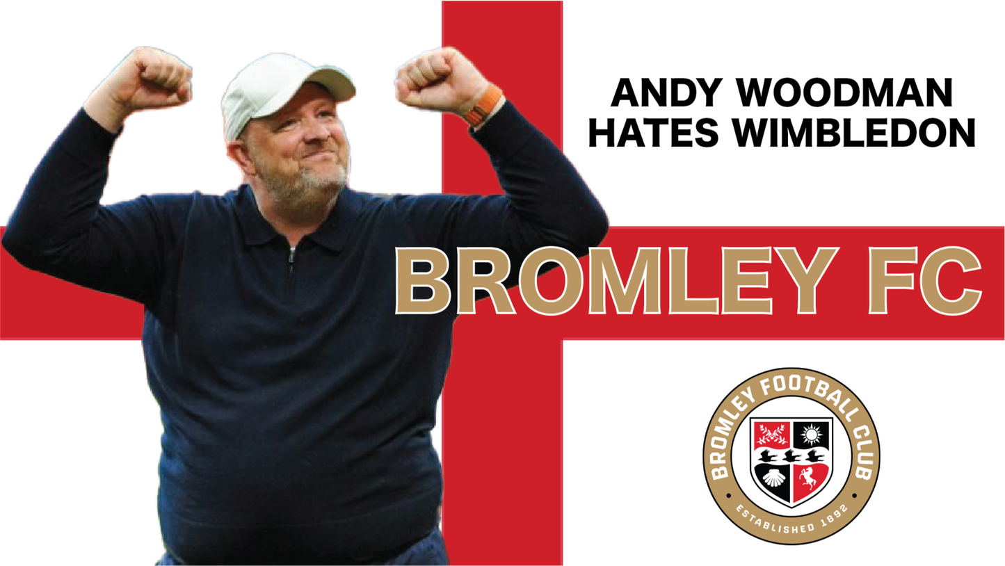 Man flexing muscles with 'Bromley FC' branding and text on a red and white background