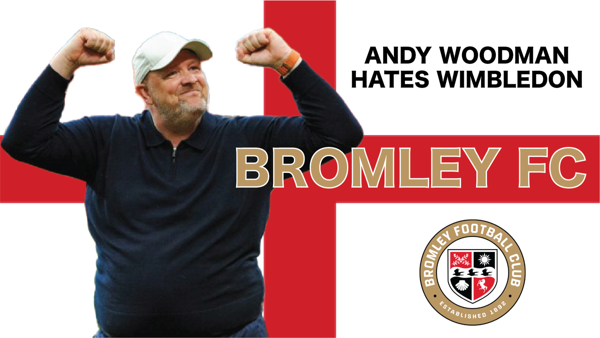 Man flexing muscles with 'Bromley FC' branding and text on a red and white background