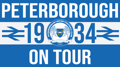 Peterborough United Football Club logo with '1934 On Tour' text on a blue background