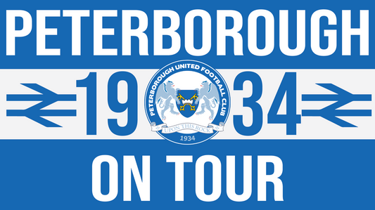 Peterborough United Football Club logo with '1934 On Tour' text on a blue background