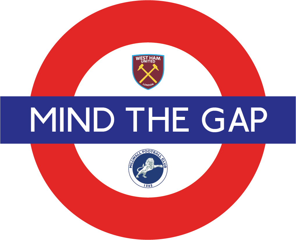 Circular design with red border and 'Mind the Gap' text, featuring West Ham United logos.