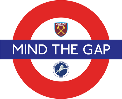 Circular design with red border and 'Mind the Gap' text, featuring West Ham United logos.