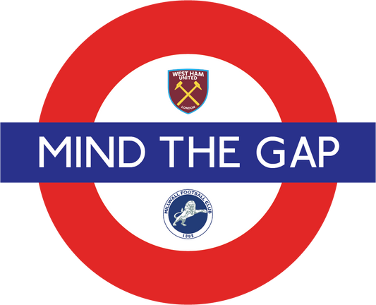 Circular design with red border and 'Mind the Gap' text, featuring West Ham United logos.